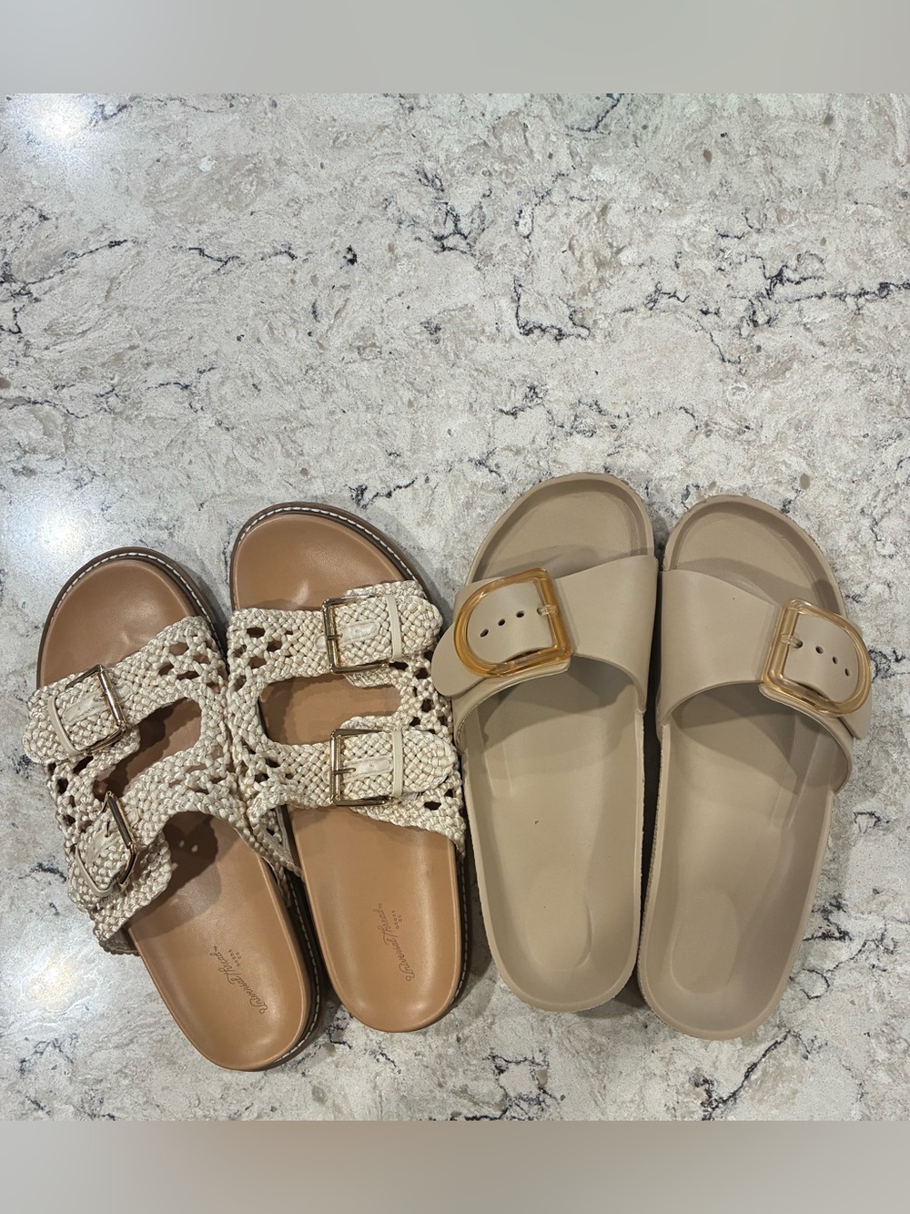 Neutral Beige Woven and Buckle Slide Sandals - Women